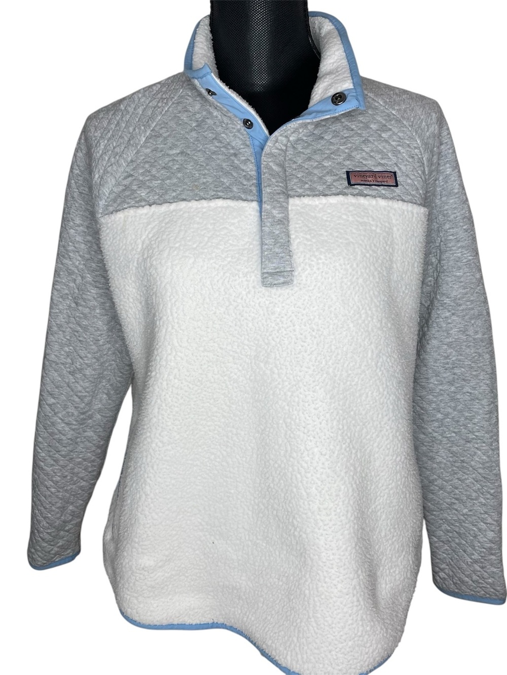 Vineyard Vines Fleece Pullover Quilted Texture Sweater White Gray Size Medium